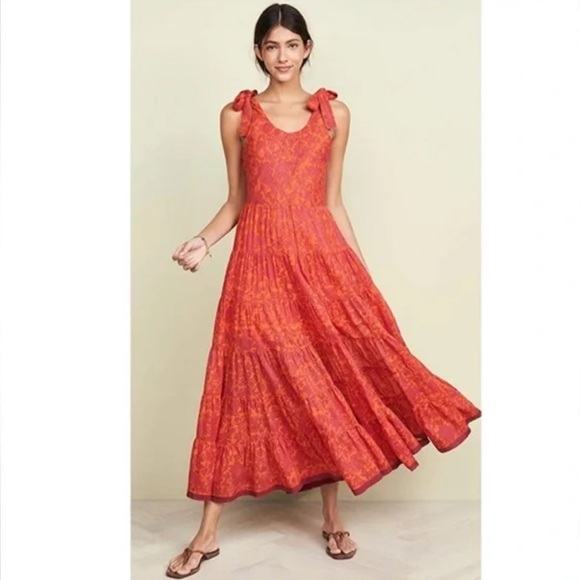 Free People Kikas Printed Midi Dress Tangerine Medium